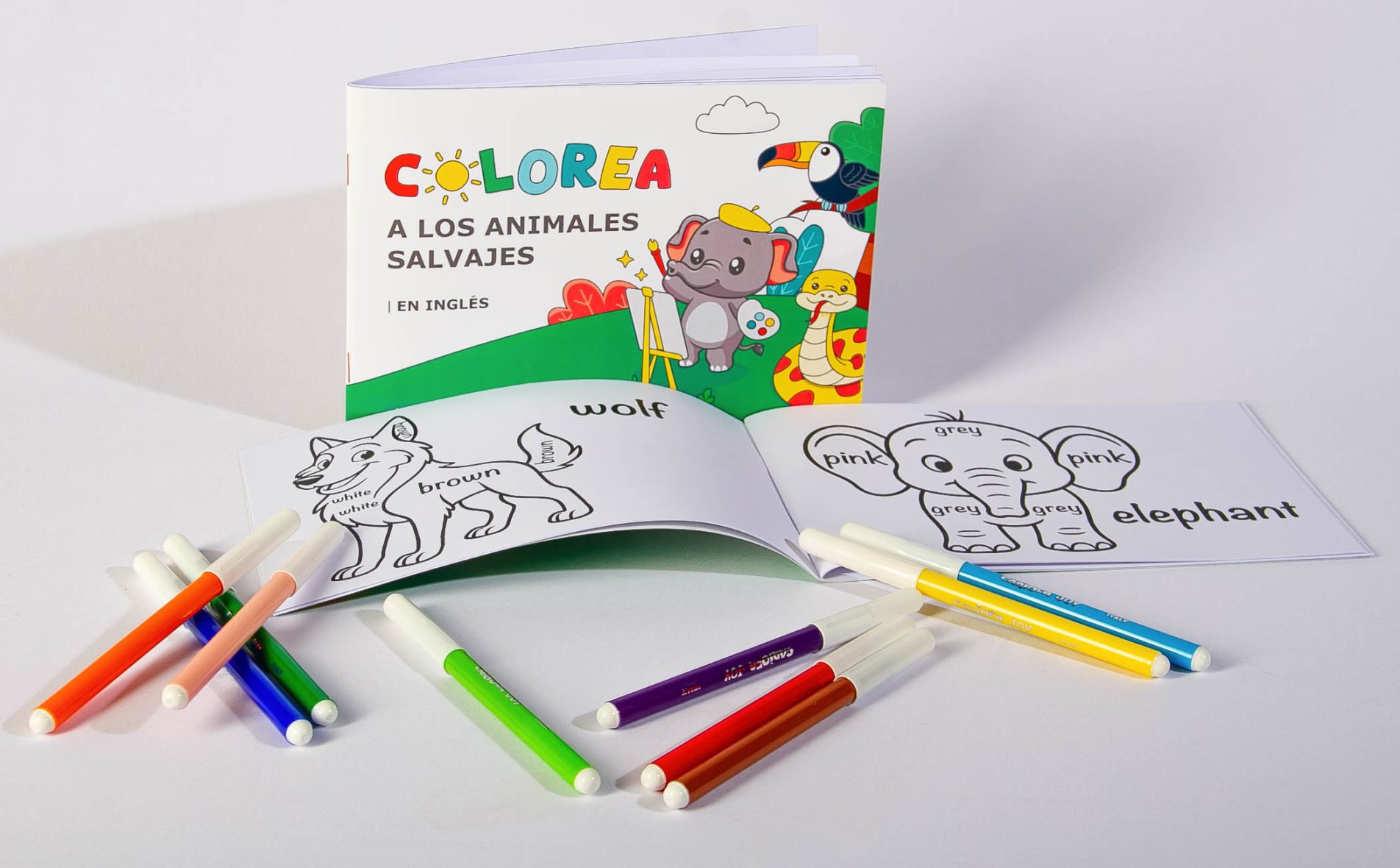 Colorea los animales salvajes en inglés – Libro con 20 dibujos para aprender y colorear